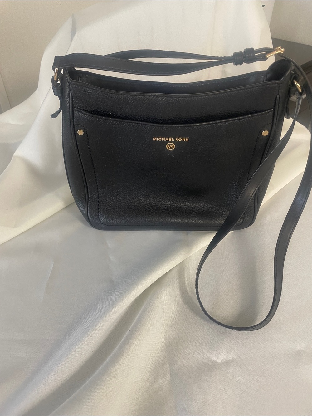 Michael Kors Black Pebbled Leather Shoulder Bag with Gold Hardware